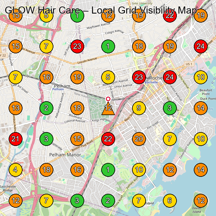 GLOW Hair Care Hair Salon GeoGrid ranking map for New Rochelle NY
